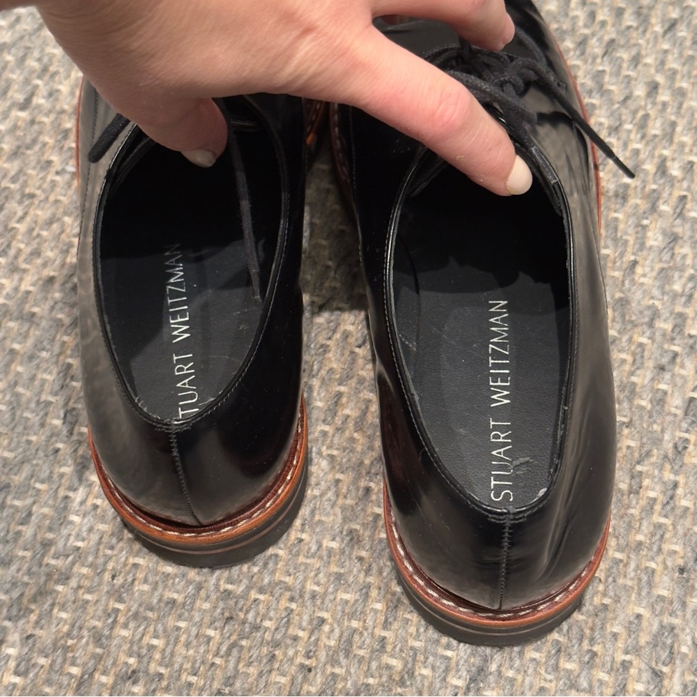 Stuart Weitzman Black Patent Leather Oxfords Brown Stripe Soles Shoes Size 7.5 - Picture 12 of 14